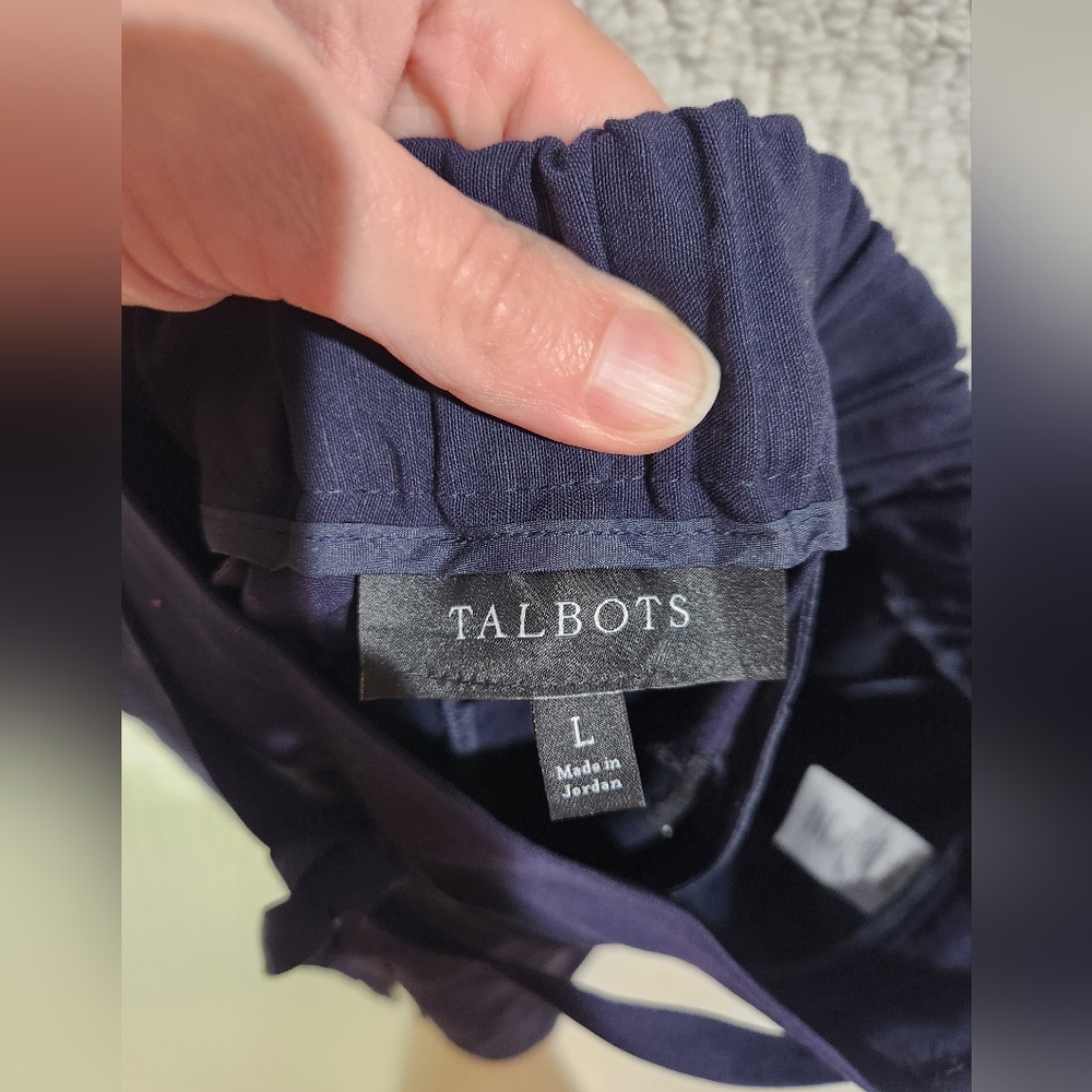 Talbots Linen Blend Wide Leg Navy Dress‎ Pant Pull On Elastic Waist Belted LG - Picture 6 of 10